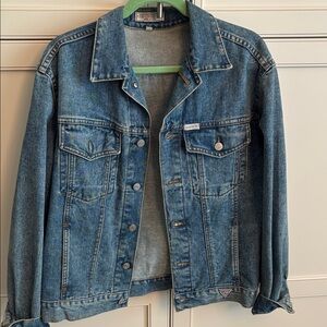 Vintage Guess blue denim jean jacket. L with corvette patch on back.